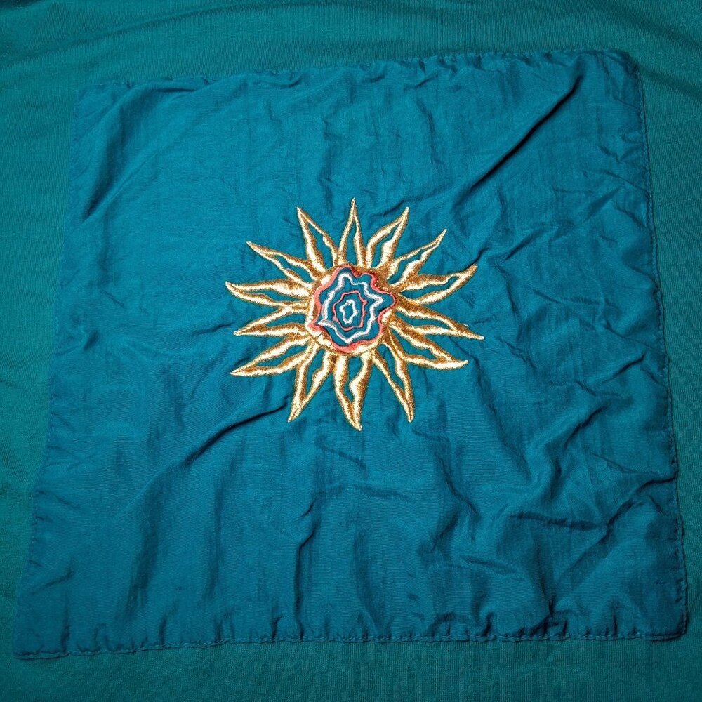 Vintage 1990s Bold Spirit Shirt Women Medium Turquoise Gold Sun Patch Celestial - Picture 6 of 13